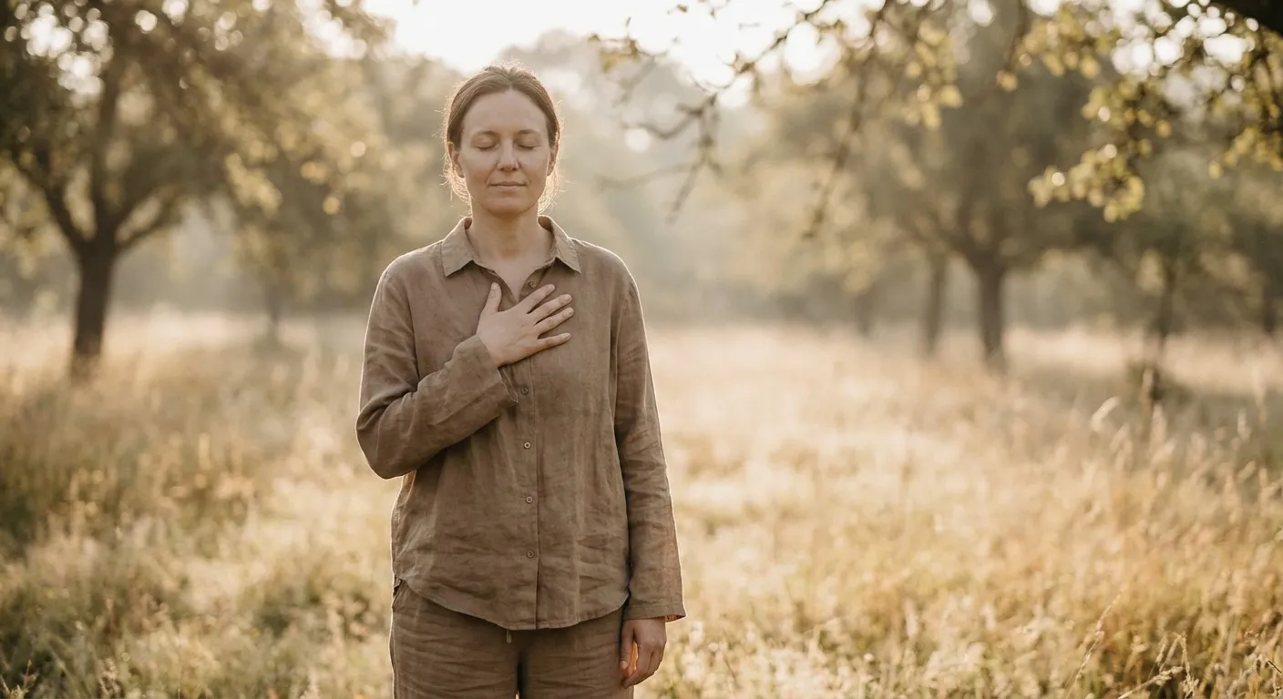 Person with hand on chest practicing breathing in peaceful natural setting