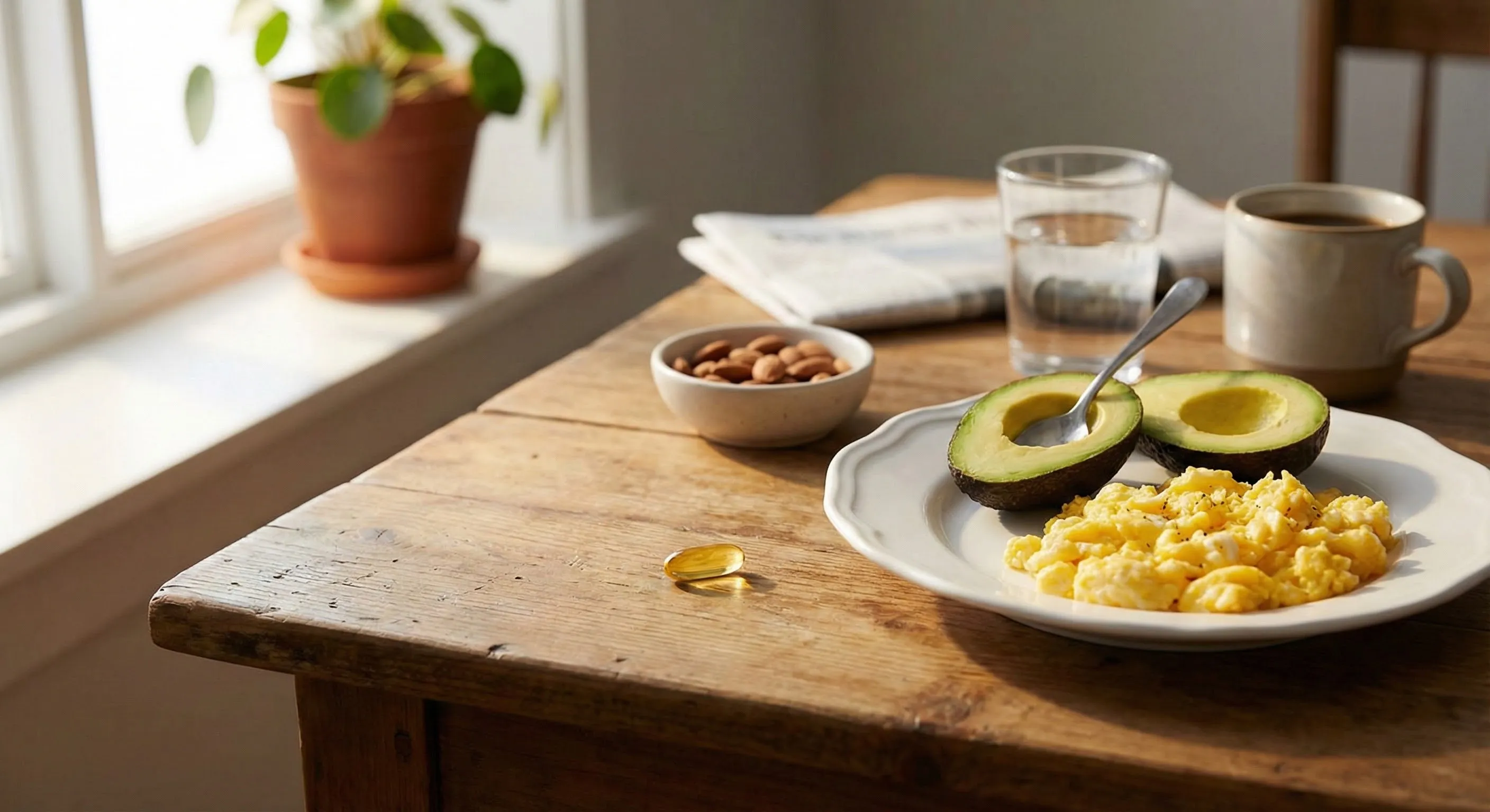 Vitamin D3 supplement capsule next to healthy breakfast with eggs, avocado, and almonds showing fat-containing meal