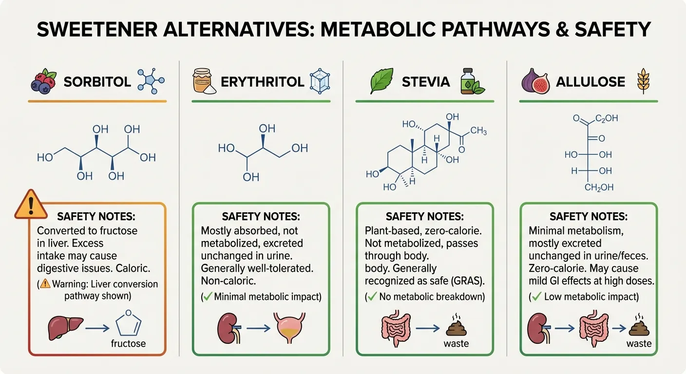 Comparison of different sweetener alternatives with safety profiles and metabolic pathways