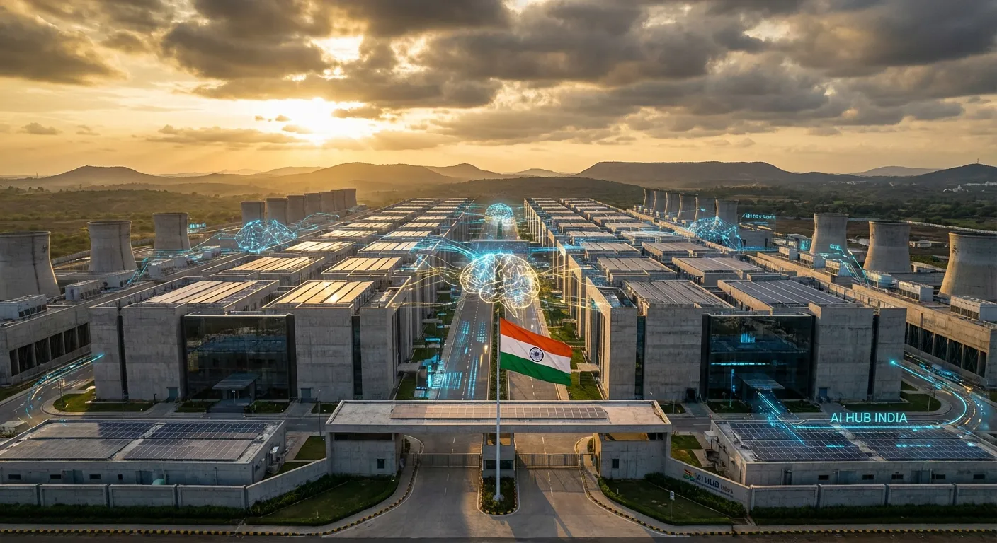 Modern data center facility in India with AI branding and digital infrastructure visualization