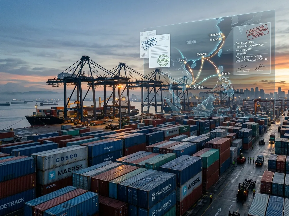 Shipping containers at a port with digital export document overlays