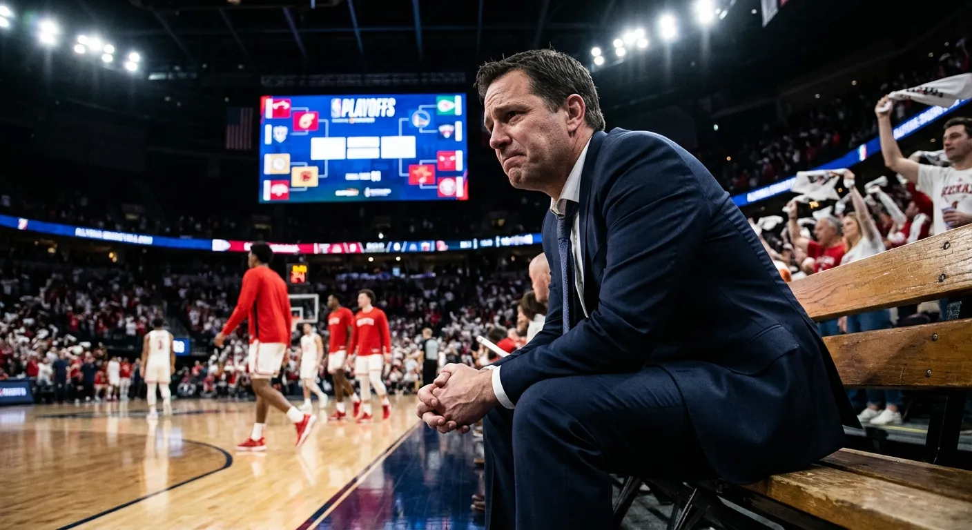 A basketball player sitting on the bench in a suit watching his team play a crucial playoff game
