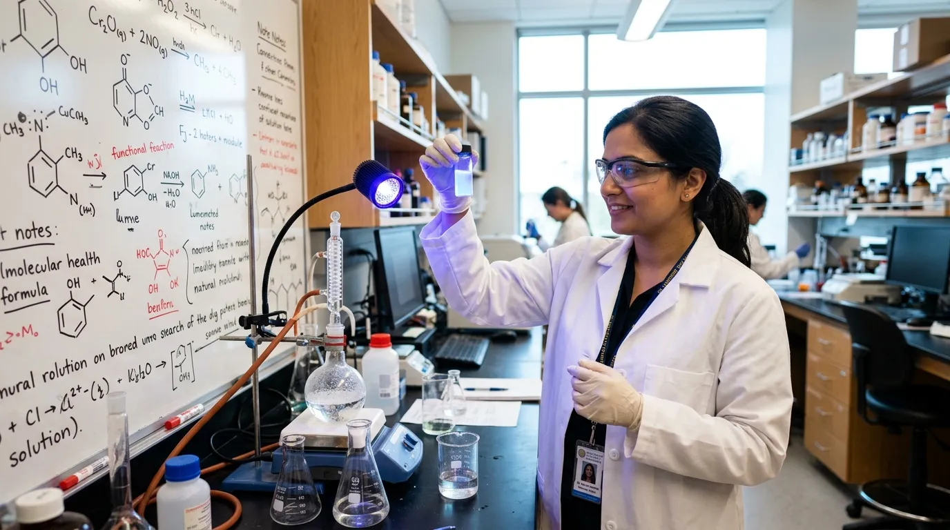 A researcher in a chemistry lab holding a vial illuminated by a purple LED lamp