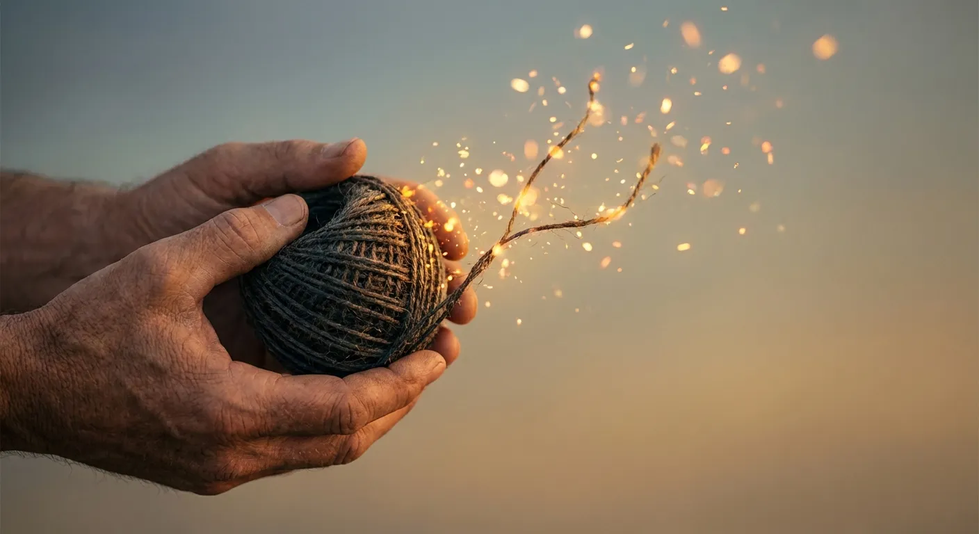 Hands releasing a tightly held string that unravels into soft light