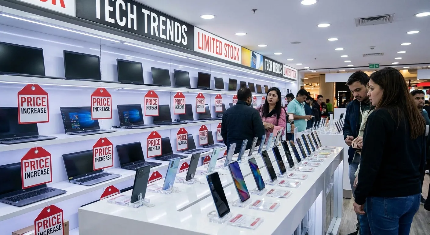 Laptop and smartphone displays in an electronics store with prominent price tags