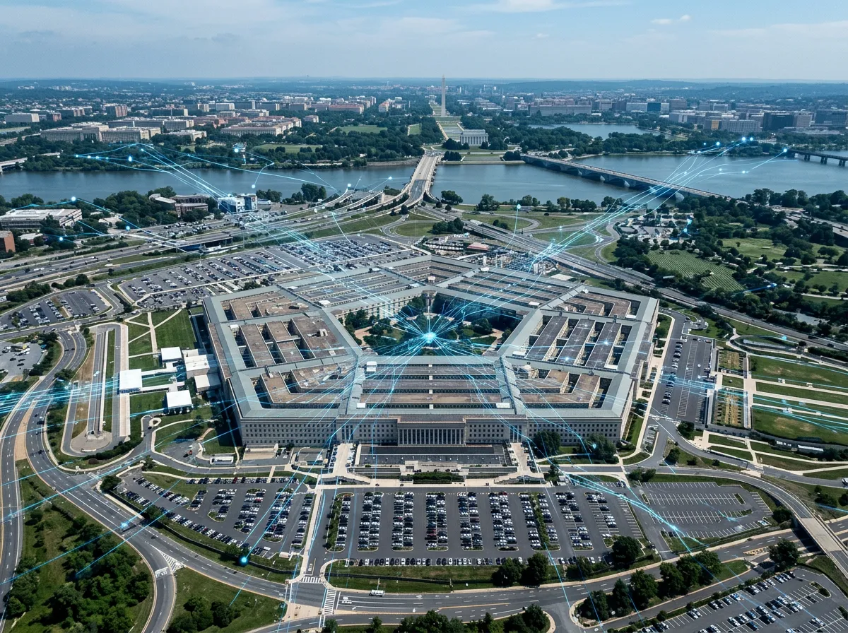 Pentagon building aerial view with technology overlay graphics suggesting AI integration