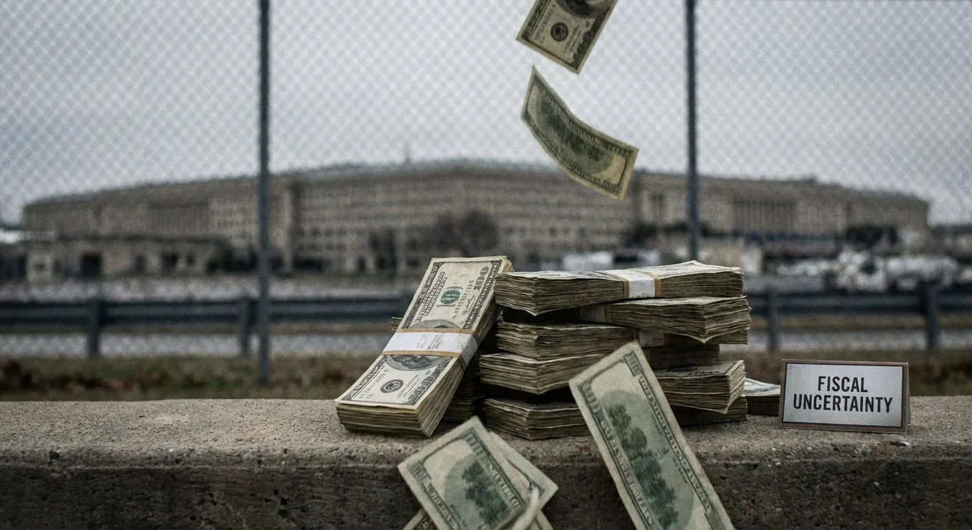 Stack of dollar bills representing federal budget with Pentagon in background