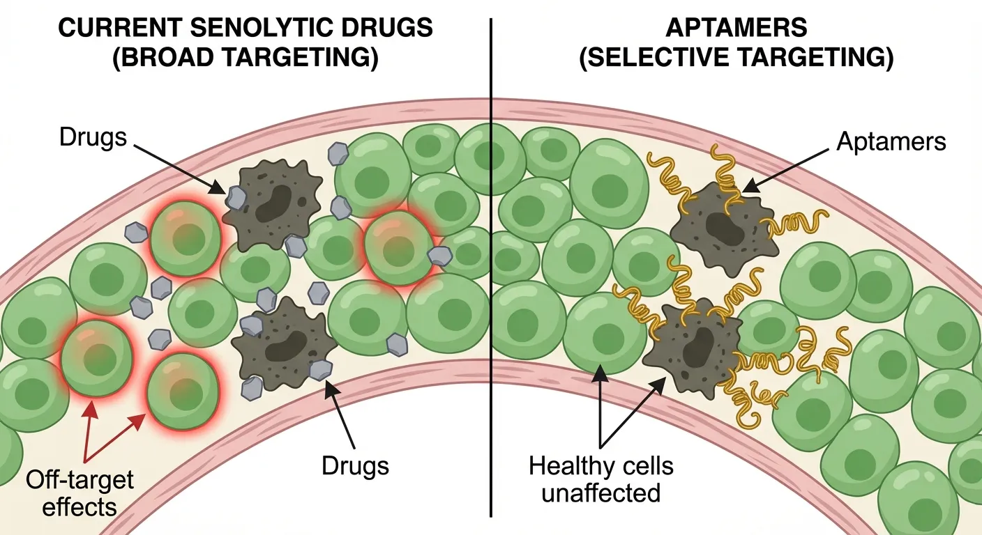 Comparison diagram showing current senolytic drug mechanisms versus targeted aptamer approach