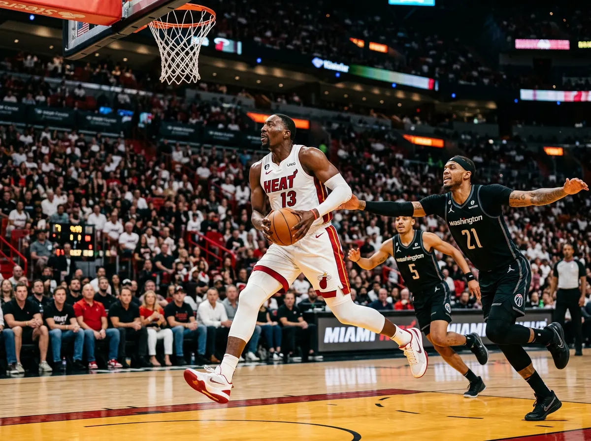 Bam Adebayo driving to the basket against Washington Wizards defenders