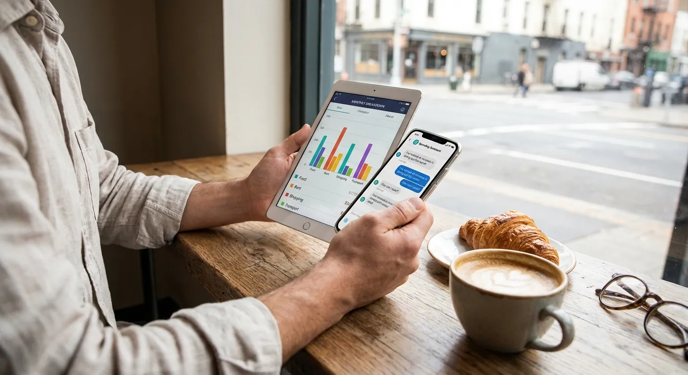 Person comparing budgeting app interfaces on a tablet and phone side by side