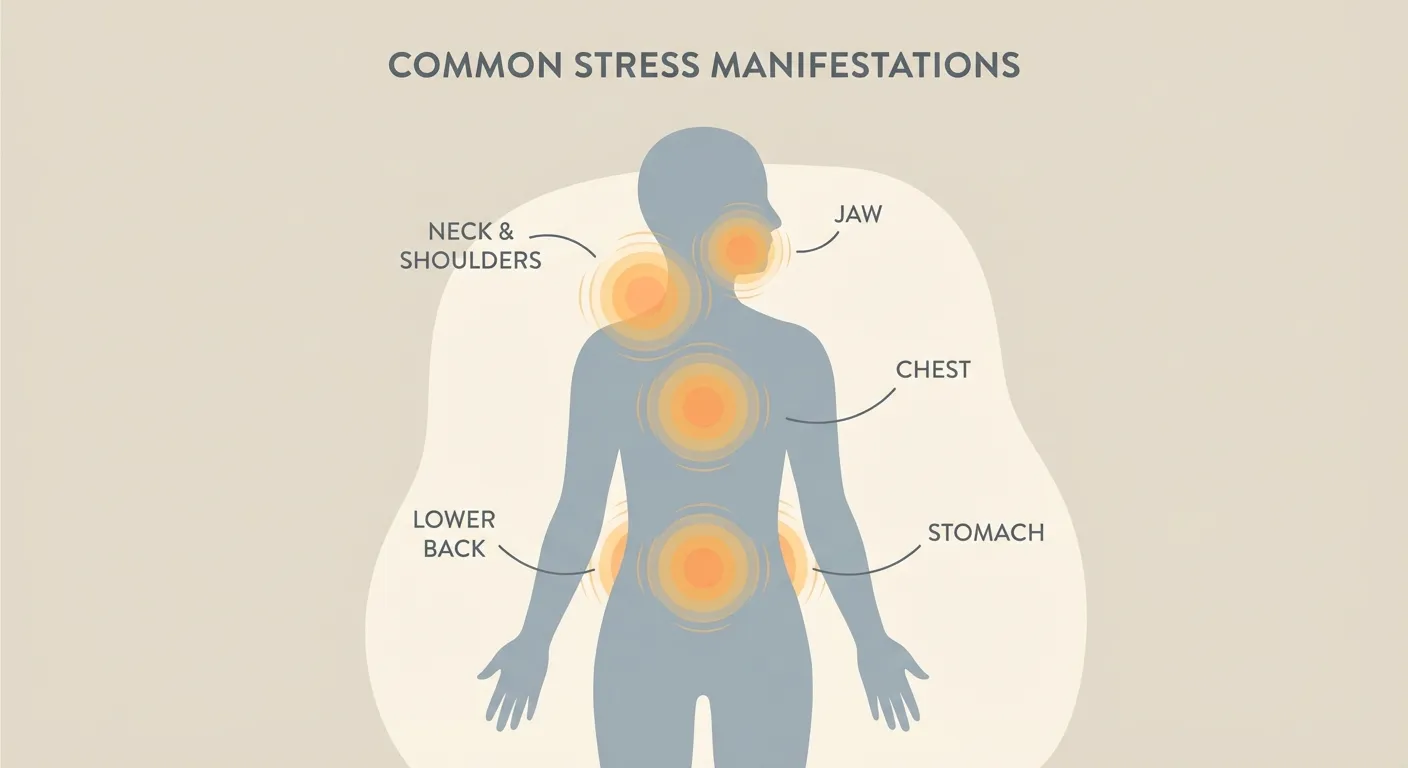 Diagram showing body outline with common stress areas highlighted: shoulders, jaw, stomach