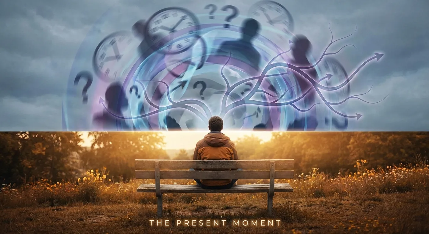 Person caught between present moment and swirling thoughts of uncertain future scenarios