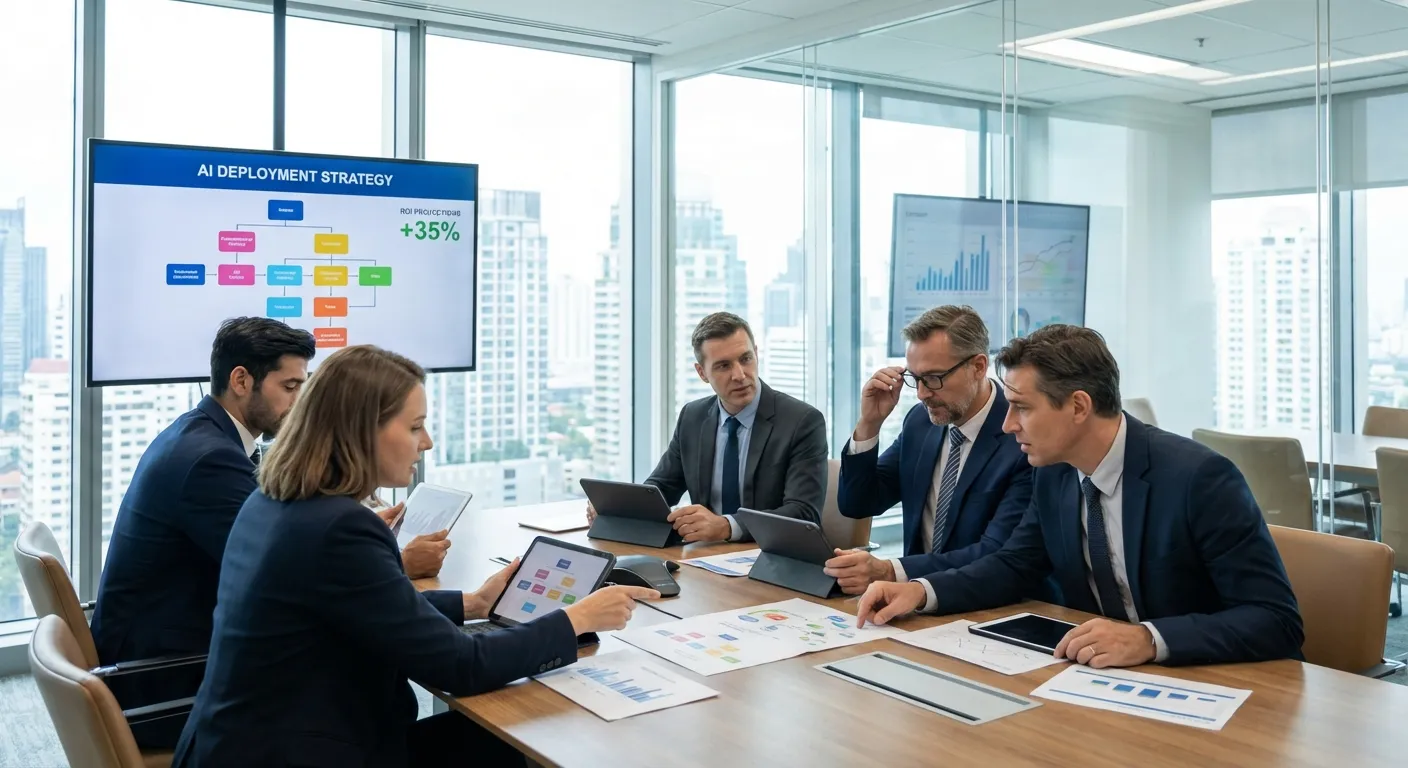 Corporate executives reviewing AI strategy documents in boardroom