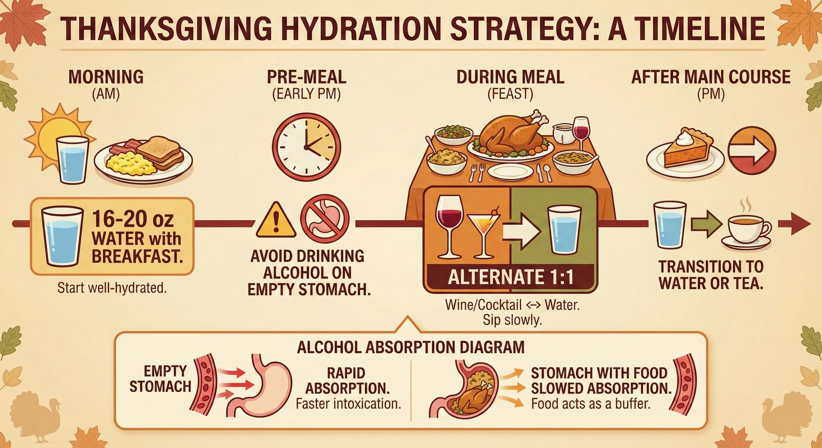 Hydration and alcohol strategy timeline for Thanksgiving
