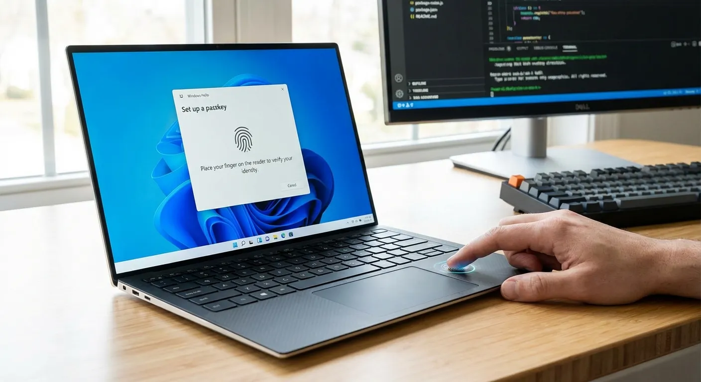 Laptop showing Windows Hello passkey prompt with fingerprint reader highlighted
