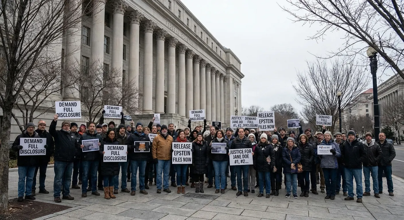 Protesters holding signs demanding full Epstein document disclosure