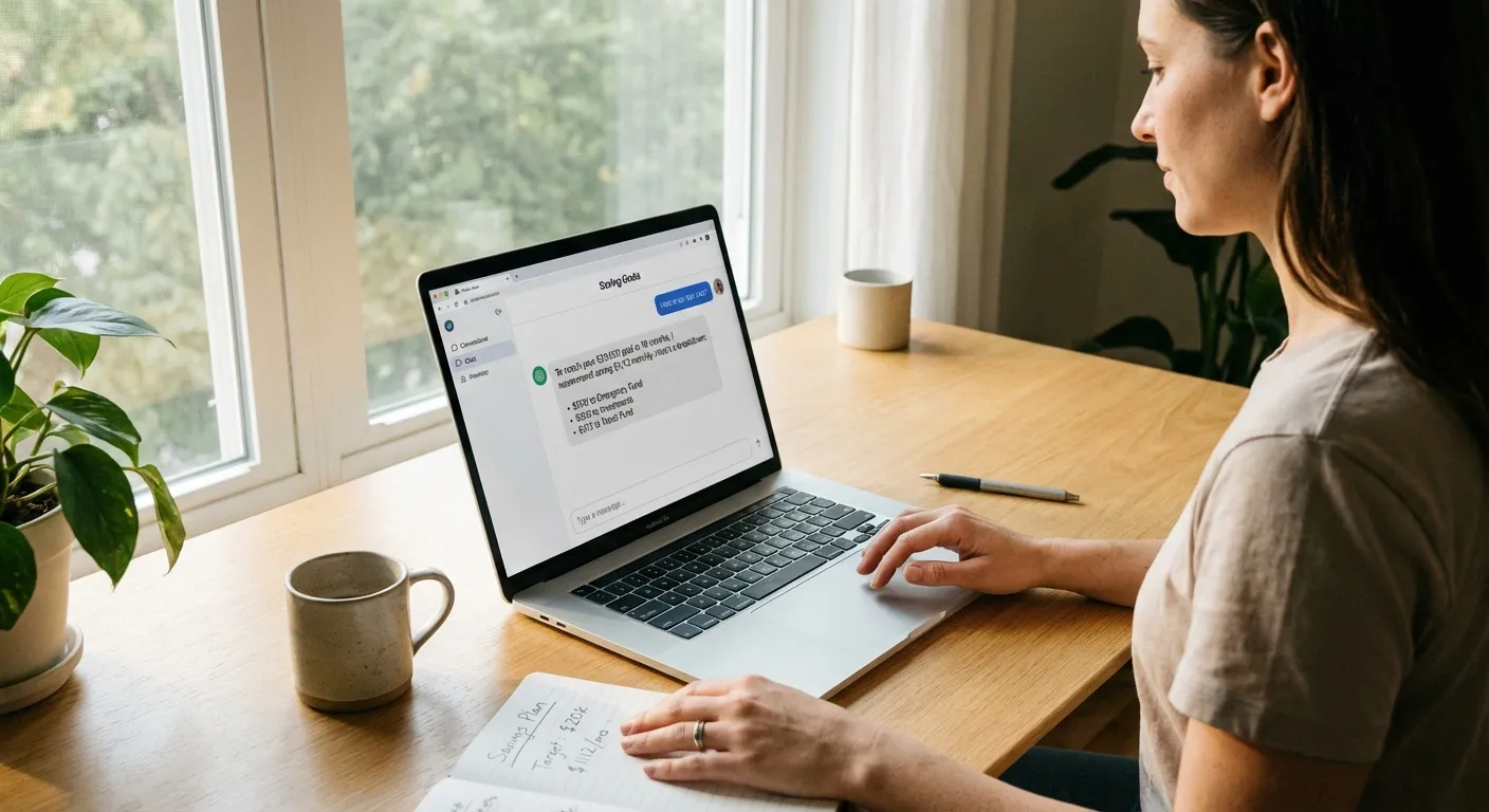 Person using AI chatbot on laptop for financial planning conversation
