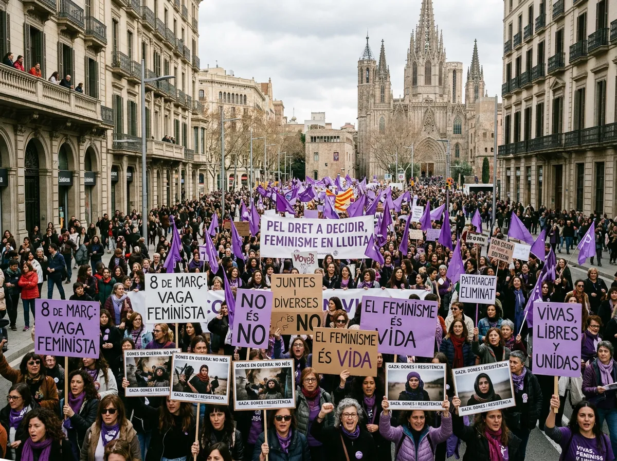 Women marching with purple flags and anti-war signs in Barcelona