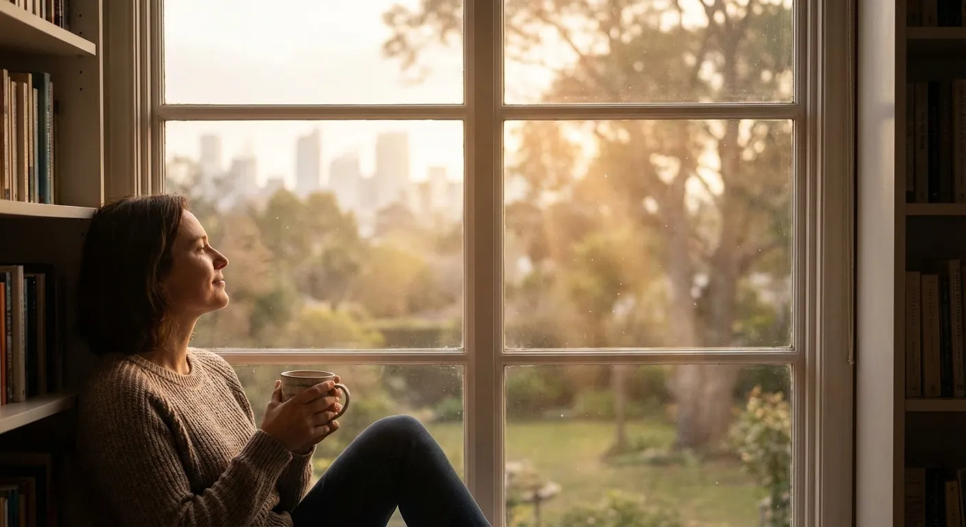Person standing at a window at sunrise, coffee in hand, looking out at a peaceful morning with intention and calm