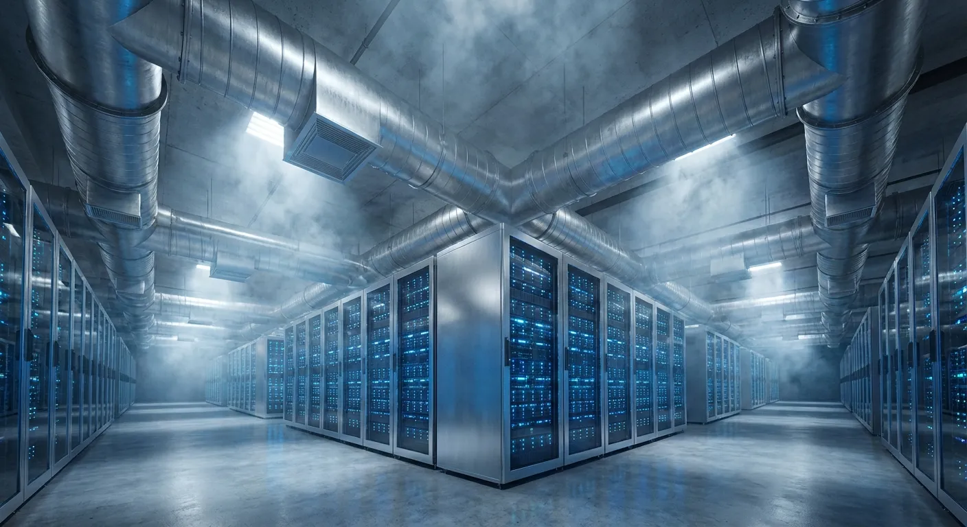 Data center server racks with blue LED lights stretching into the distance