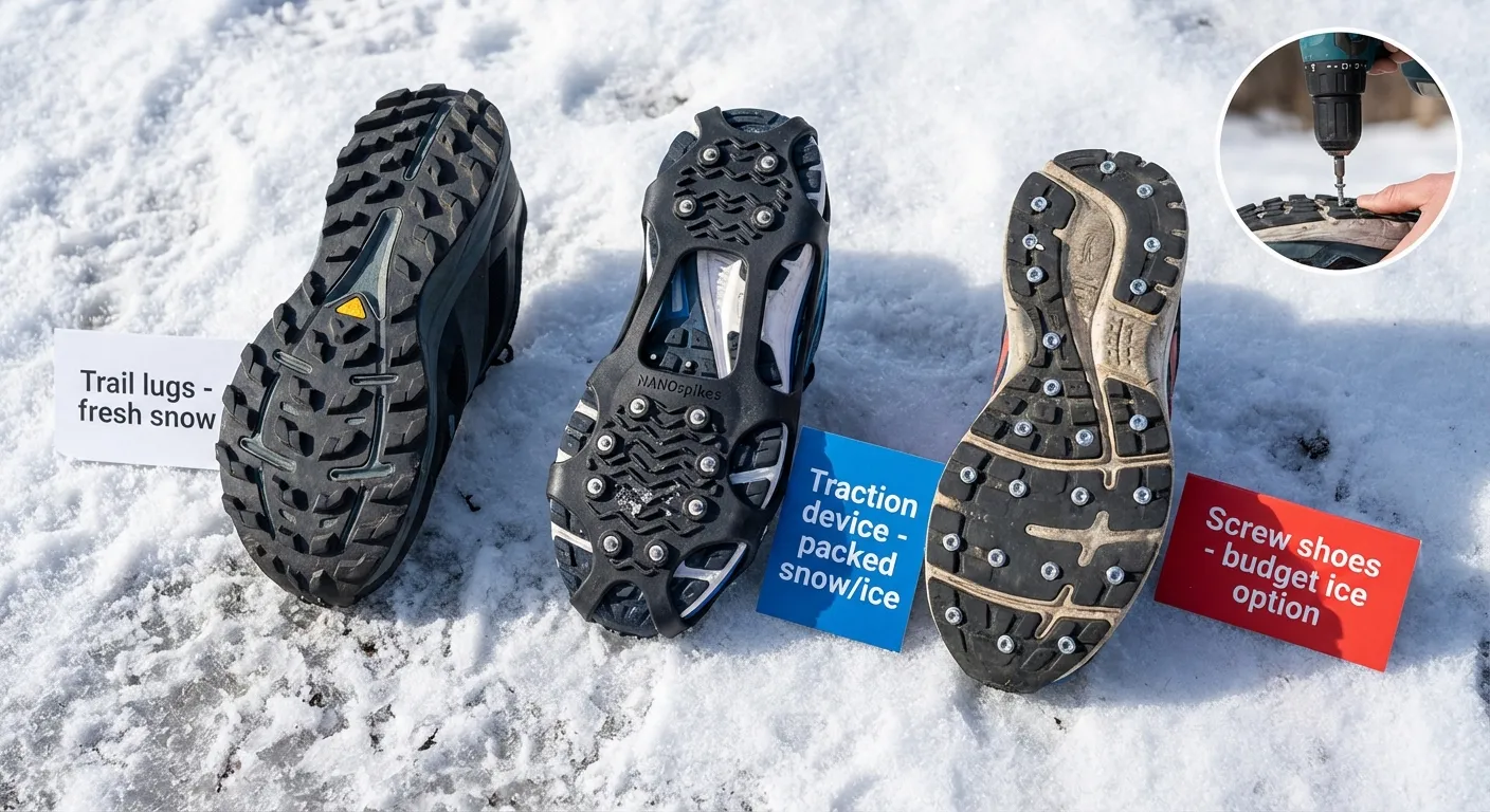 Close-up comparison of running shoe traction options for ice and snow
