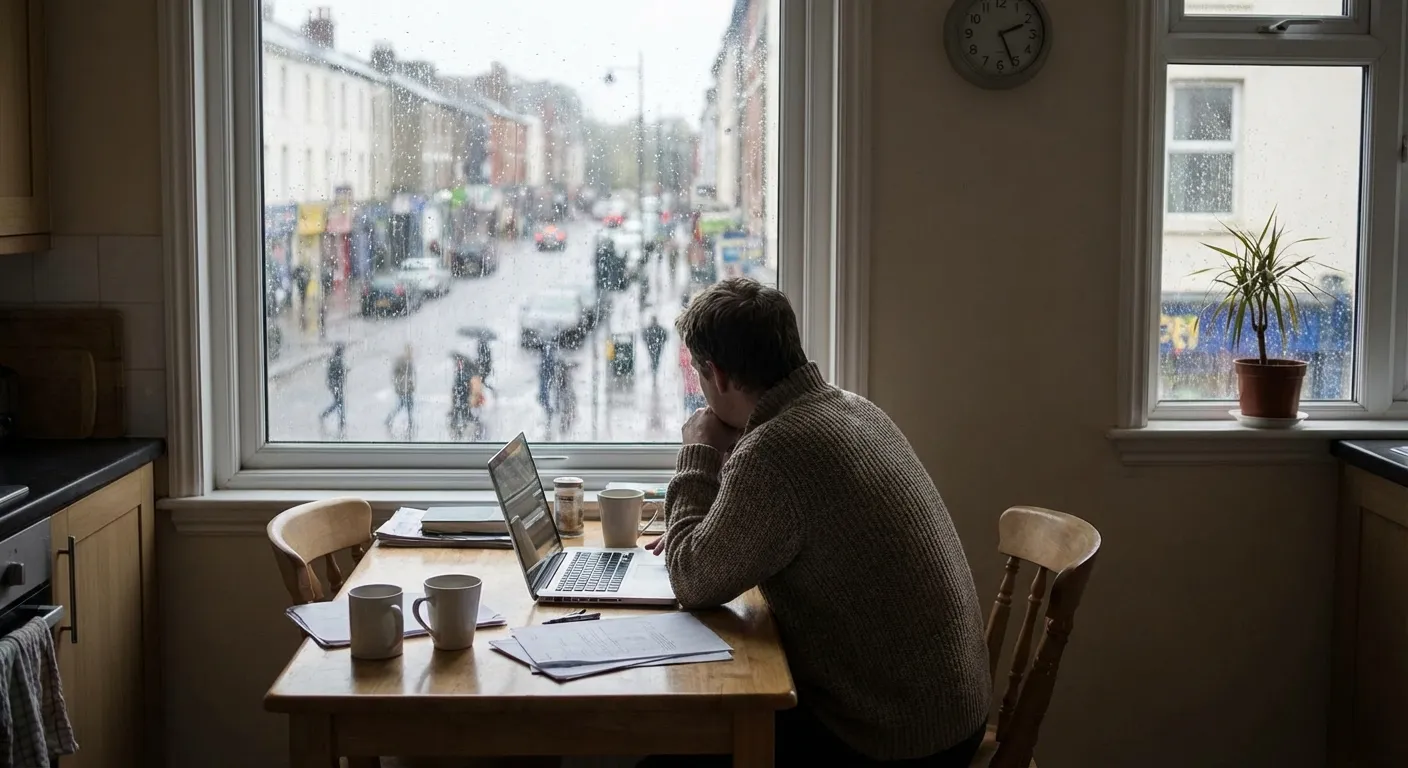 Person experiencing quiet isolation while working alone at home