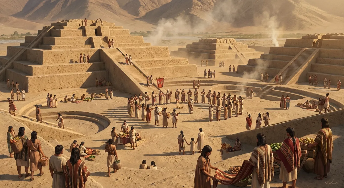 Reconstructed view of ancient Peruvian city with pyramids and plazas