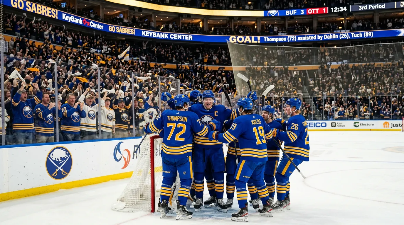 Buffalo Sabres players celebrating a goal on the ice at KeyBank Center