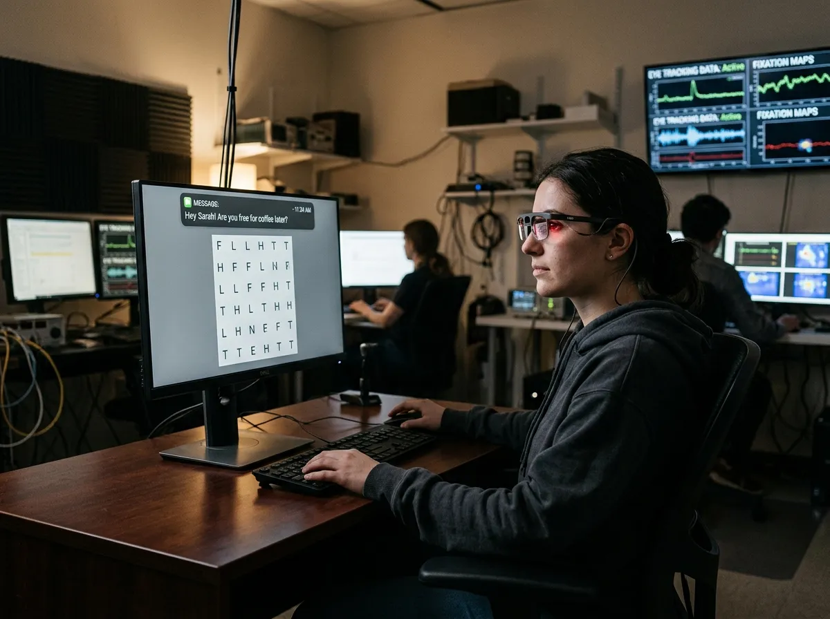 Research participant in a lab wearing eye-tracking equipment while looking at a computer screen