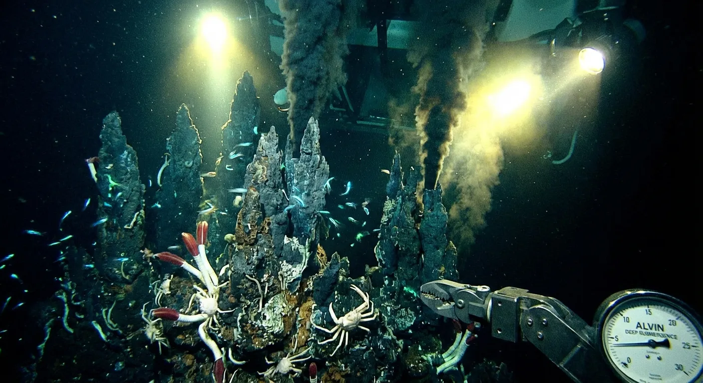 Deep ocean hydrothermal vent system with mineral chimneys and surrounding life