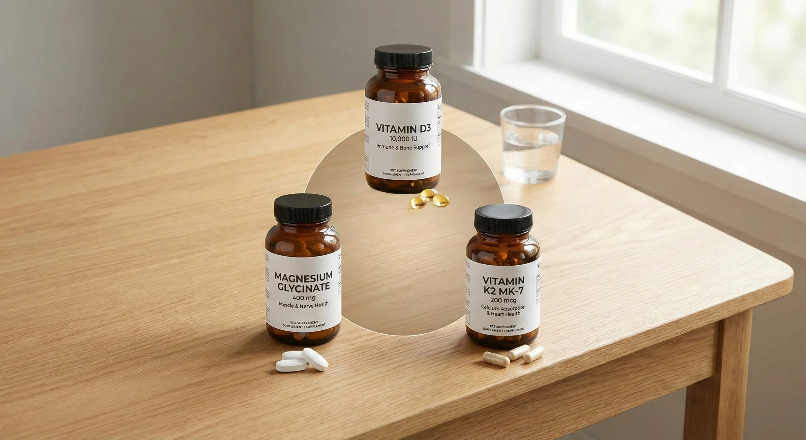 Vitamin D supplement stack showing D3, magnesium glycinate, and vitamin K2 MK-7 bottles arranged together