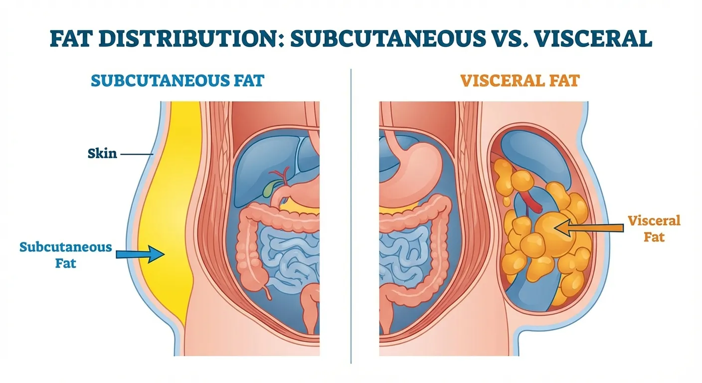 Comparison diagram showing subcutaneous fat layer versus visceral fat around organs