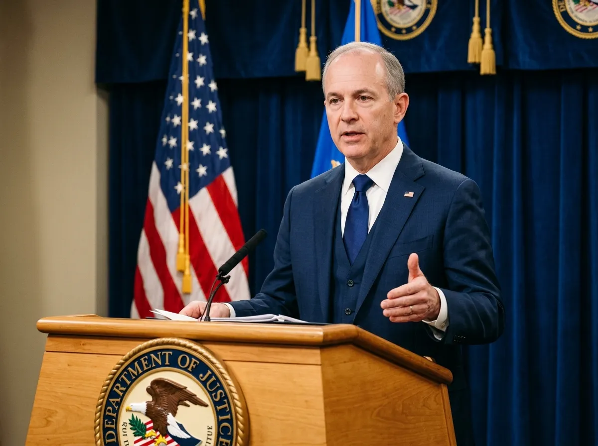 Todd Blanche in a dark suit speaking at a press podium with DOJ seal