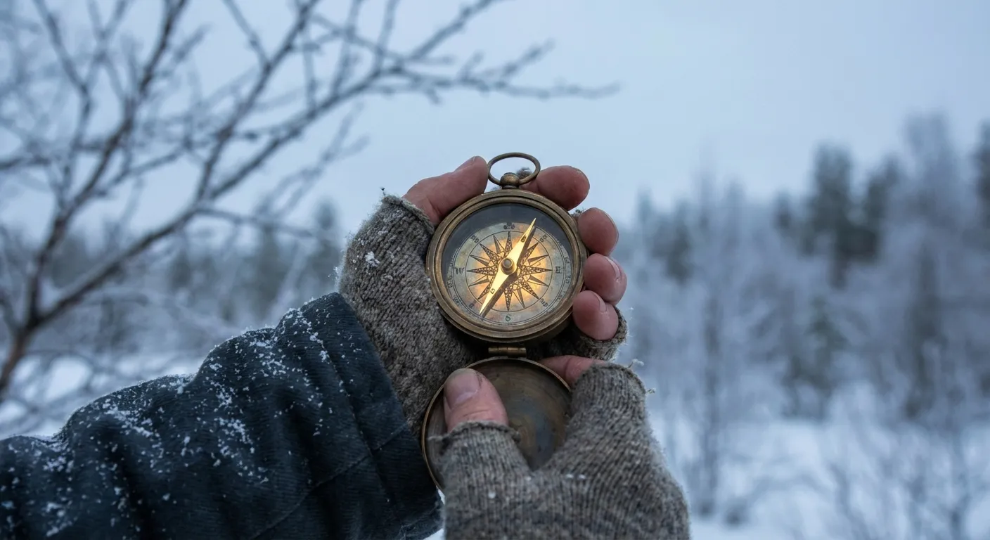 Hands holding compass outdoors in winter, symbolizing finding new direction with confidence