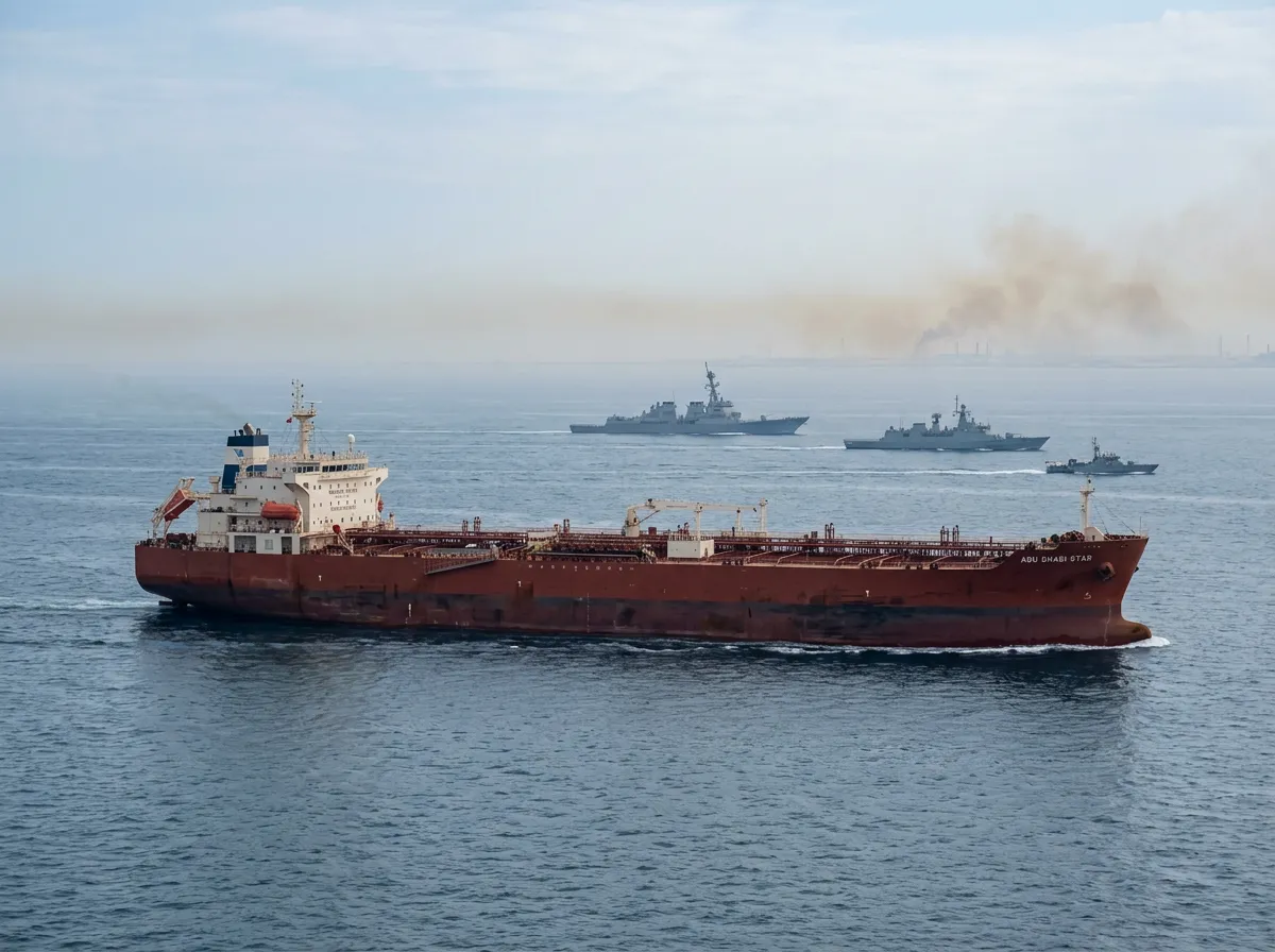 Oil tanker in the Persian Gulf with naval vessels visible in the background