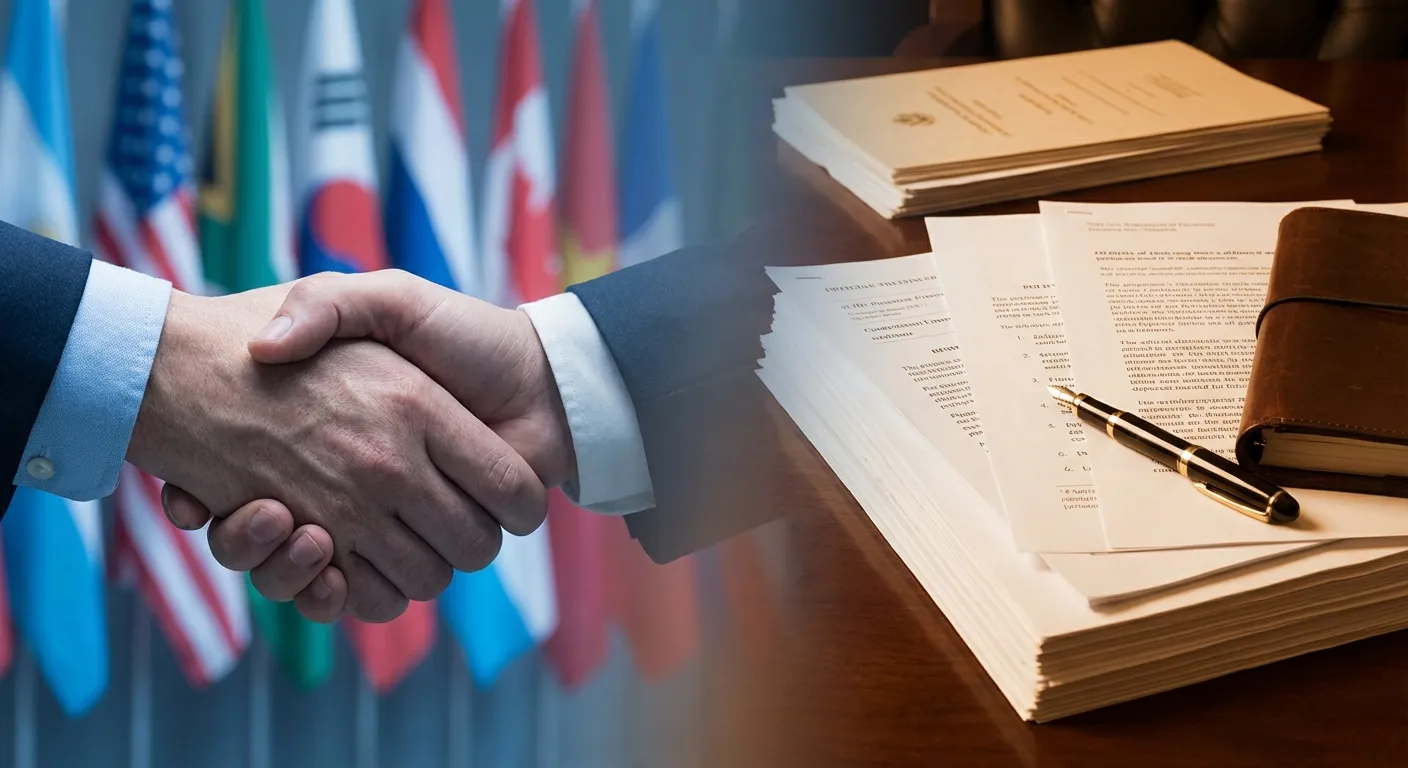 Split-screen concept showing diplomatic handshake and policy documents