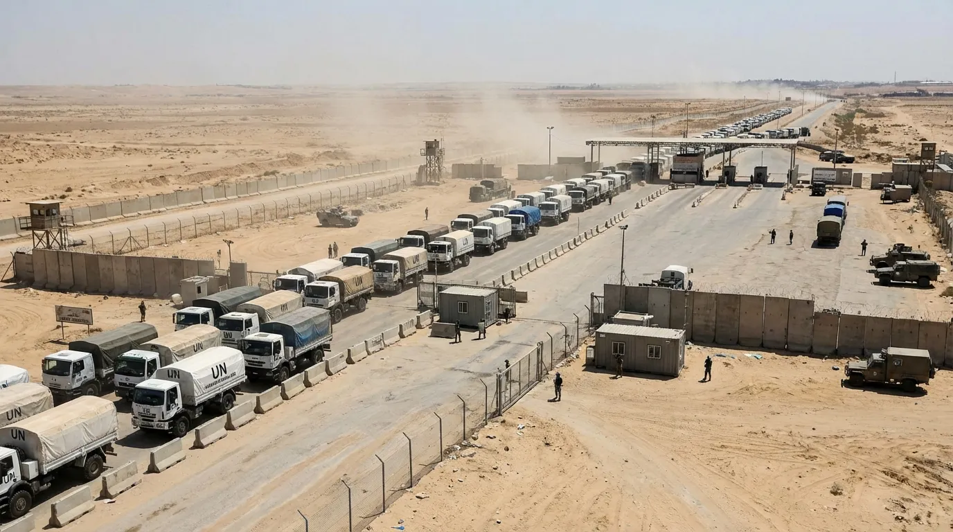 Aid trucks waiting at Rafah border crossing checkpoint