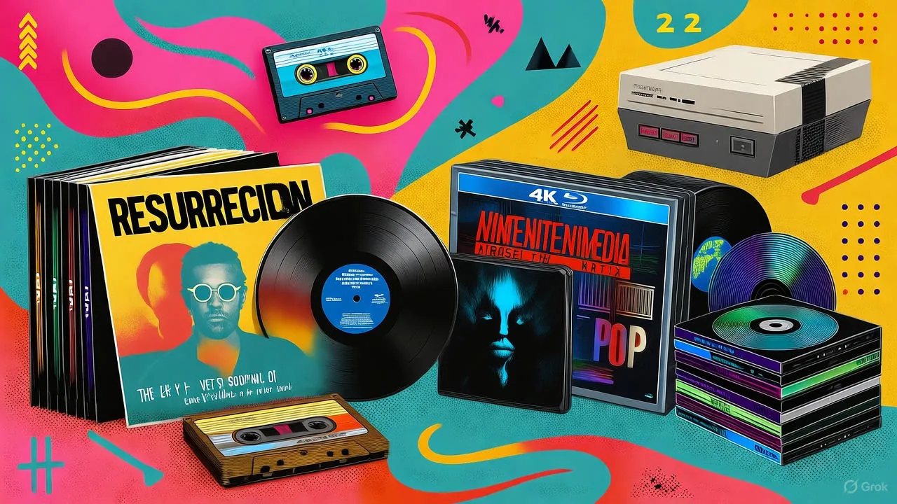 Vinyl records and 4K Blu-ray discs displayed on a shelf, representing the physical media comeback