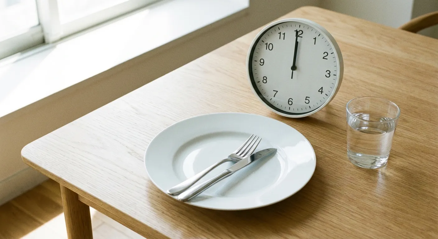 Empty plate with a fork and knife on a table next to a clock showing noon