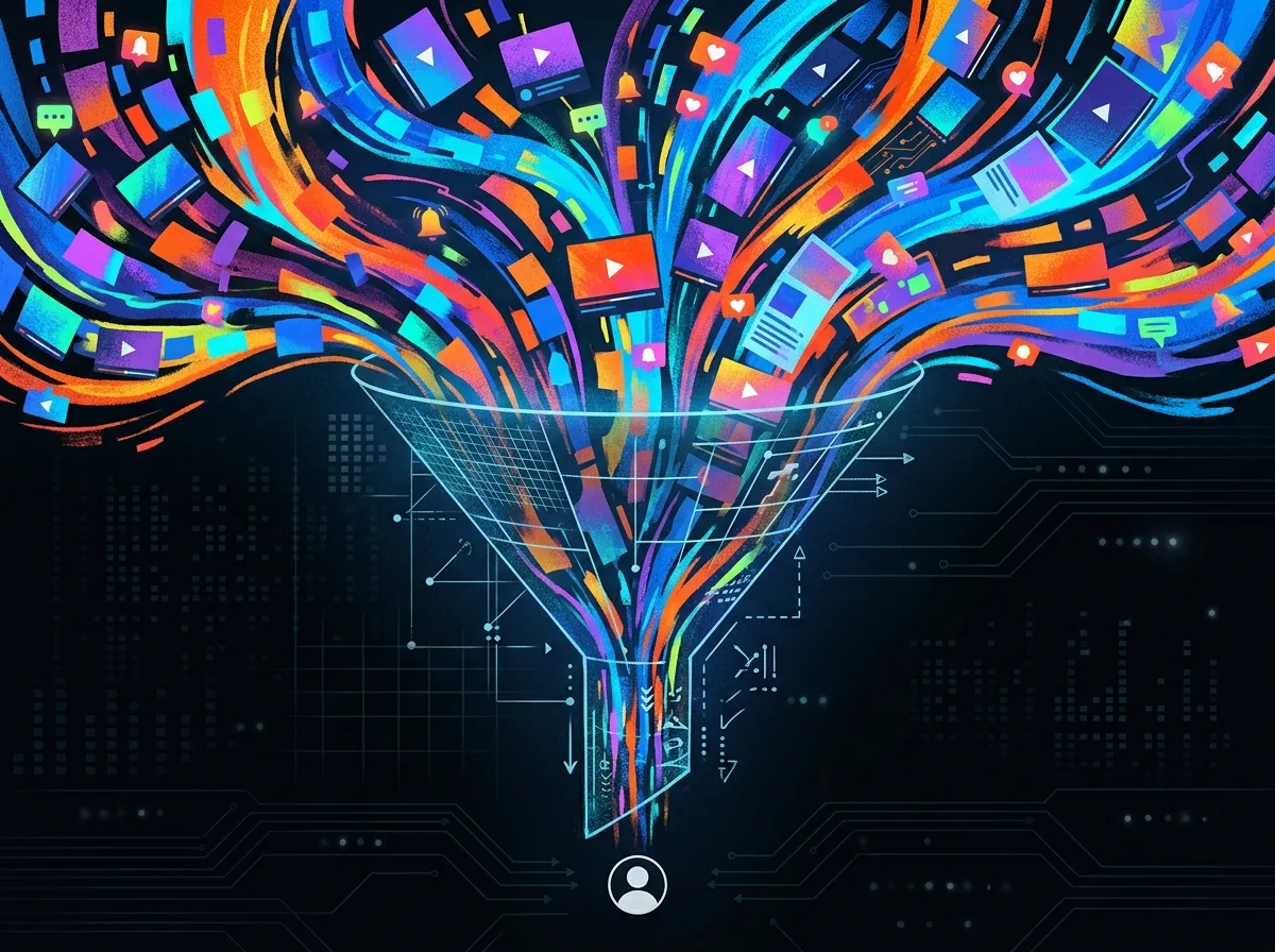 Abstract visualization of content recommendation streams flowing toward a small user profile