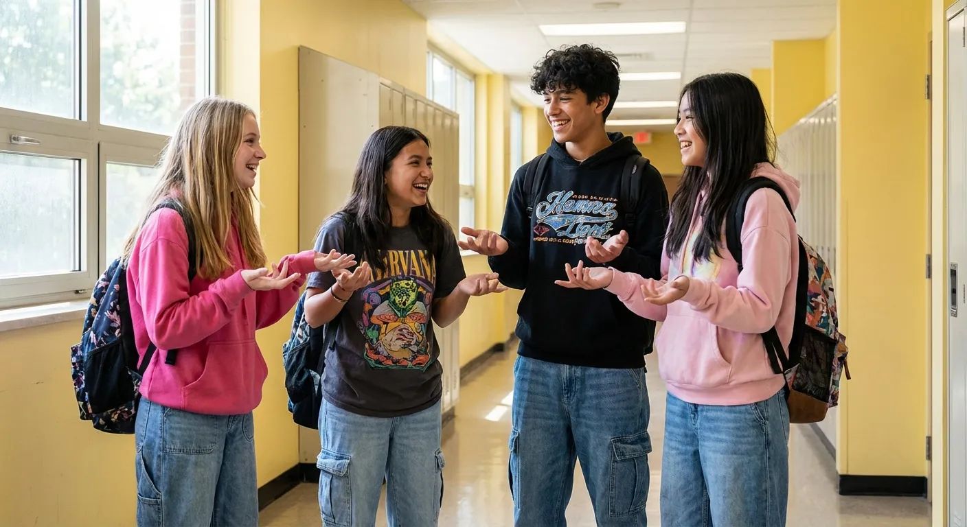 Teenagers making hand gestures while laughing together at school