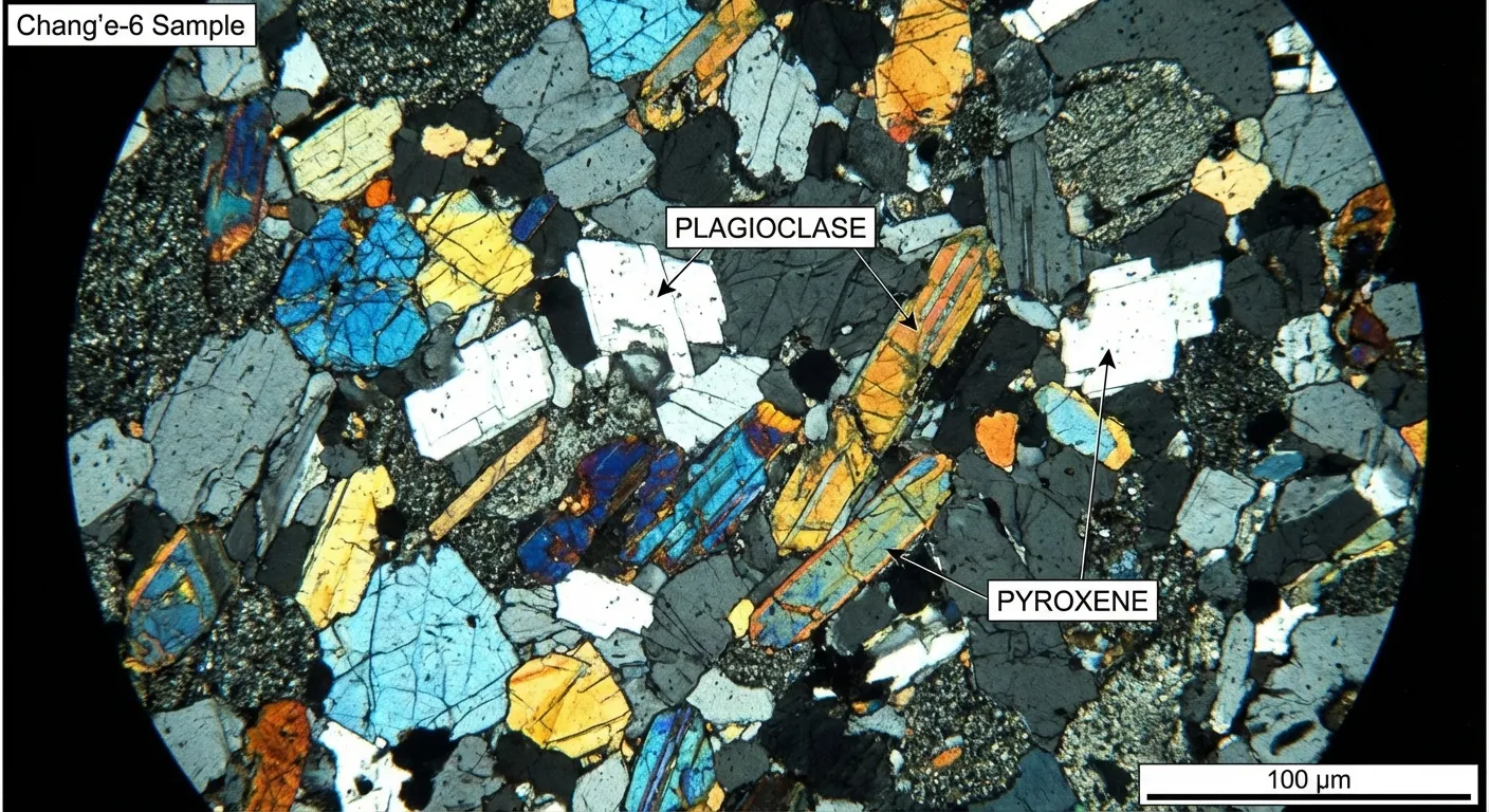 Microscope image of Chang'e-6 lunar norite sample showing crystalline mineral structures