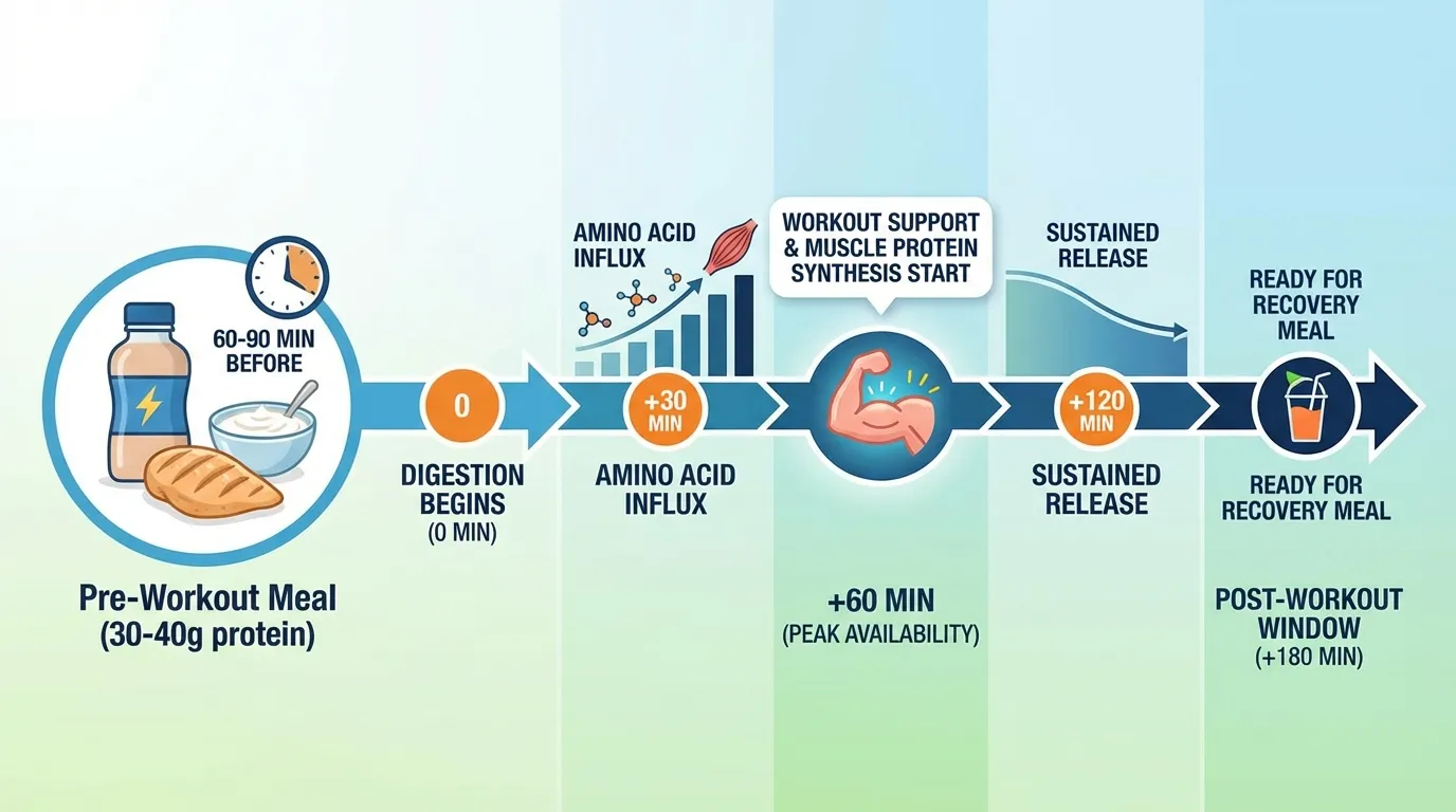 Timeline showing how pre-workout protein extends amino acid availability through the workout and post-workout period