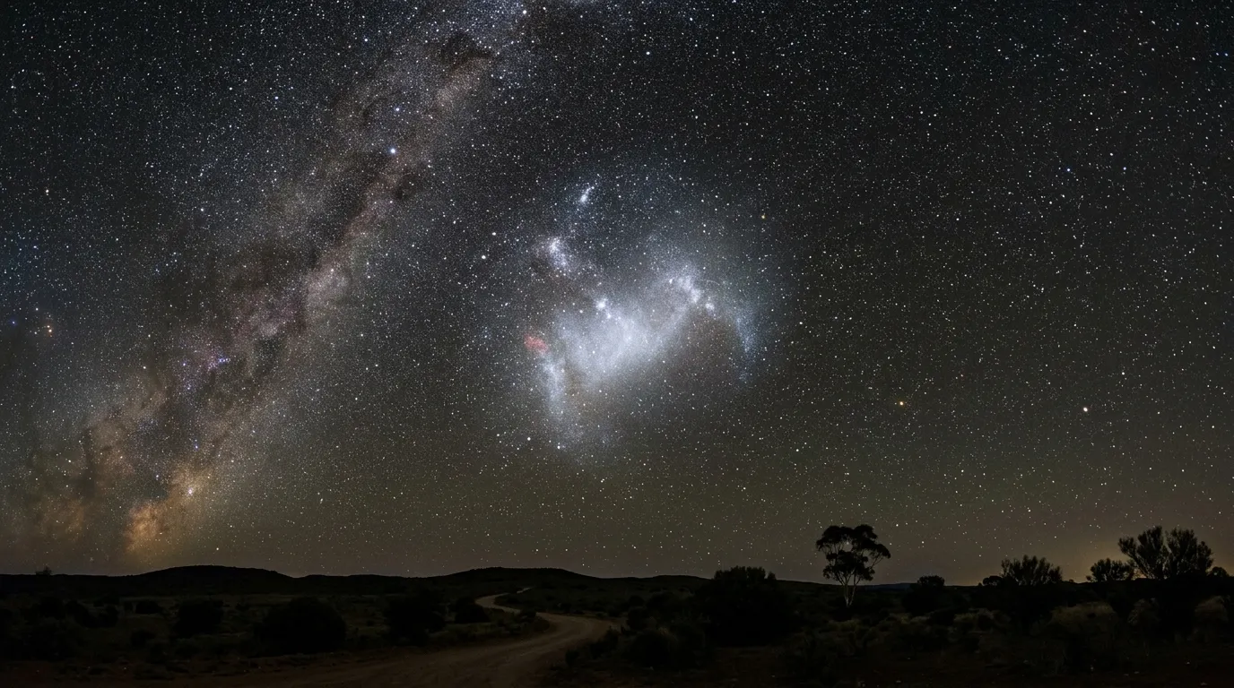 The Small Magellanic Cloud galaxy glowing in the southern night sky above a dark horizon