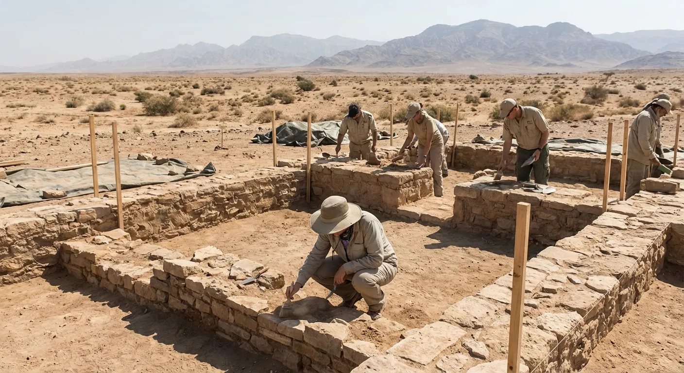 Archaeological excavation of ancient ceremonial plaza with researchers working