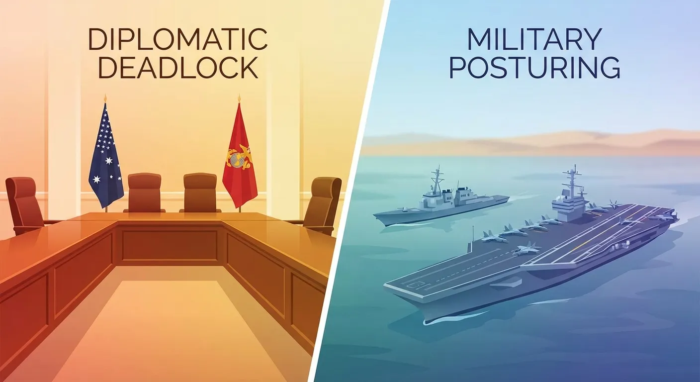 Split view of diplomatic negotiations and military vessels in the Persian Gulf