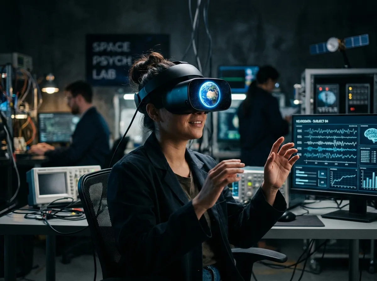Person wearing a VR headset with a projection of Earth from space visible on the headset lens