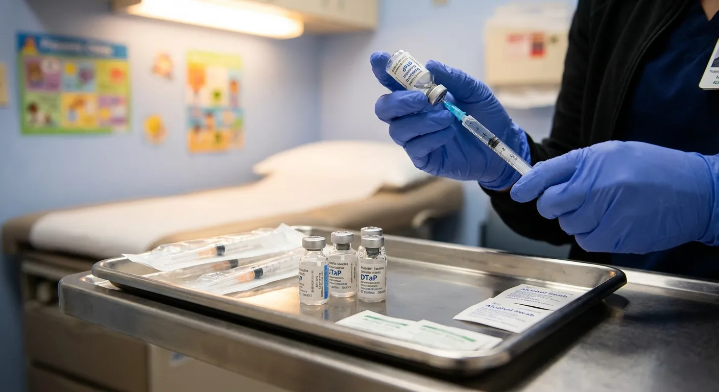 Medical professional preparing childhood vaccine with syringes and vials on examination table