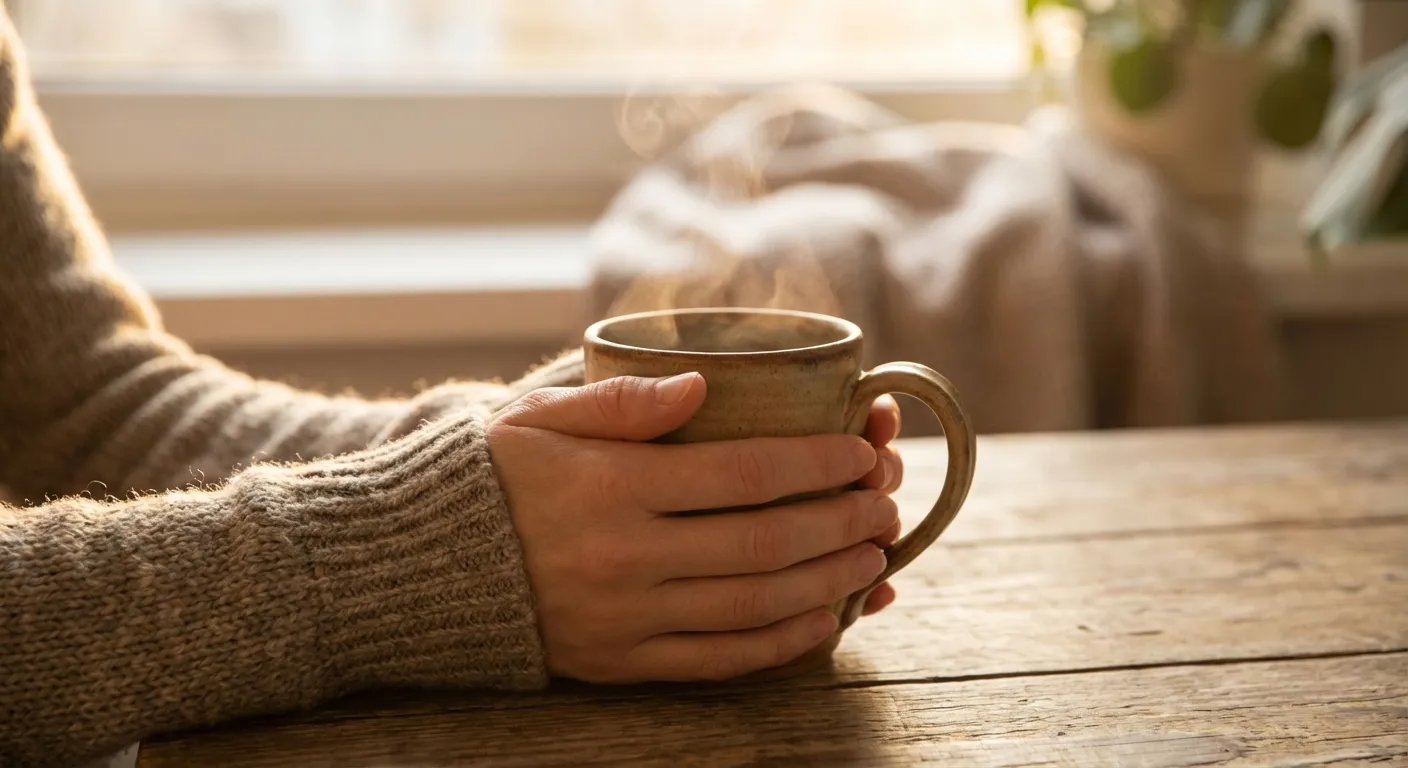Close-up of hands holding a cup of tea with soft morning light suggesting calm