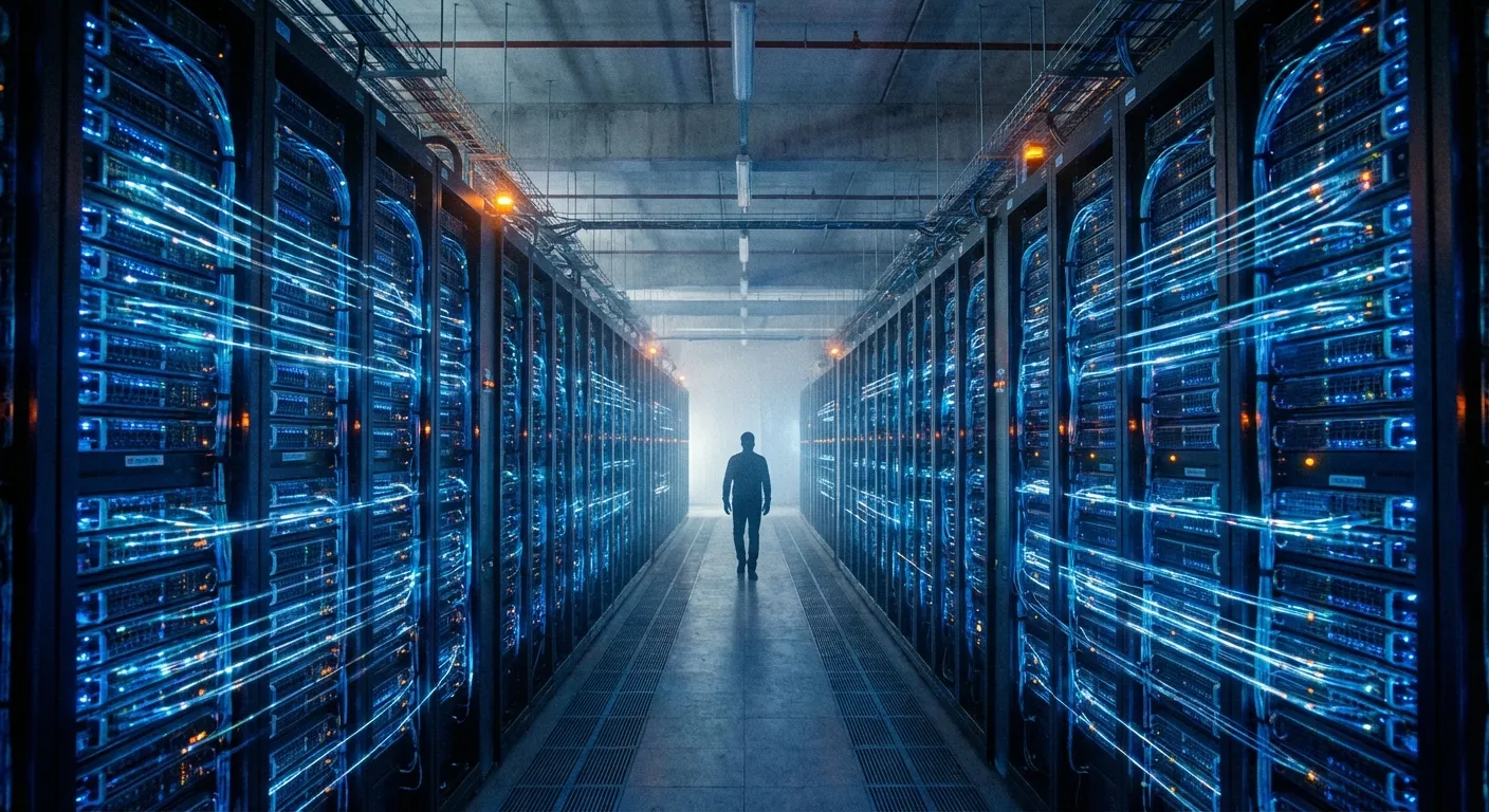 Data center infrastructure with fiber optic cables representing AI backbone technology